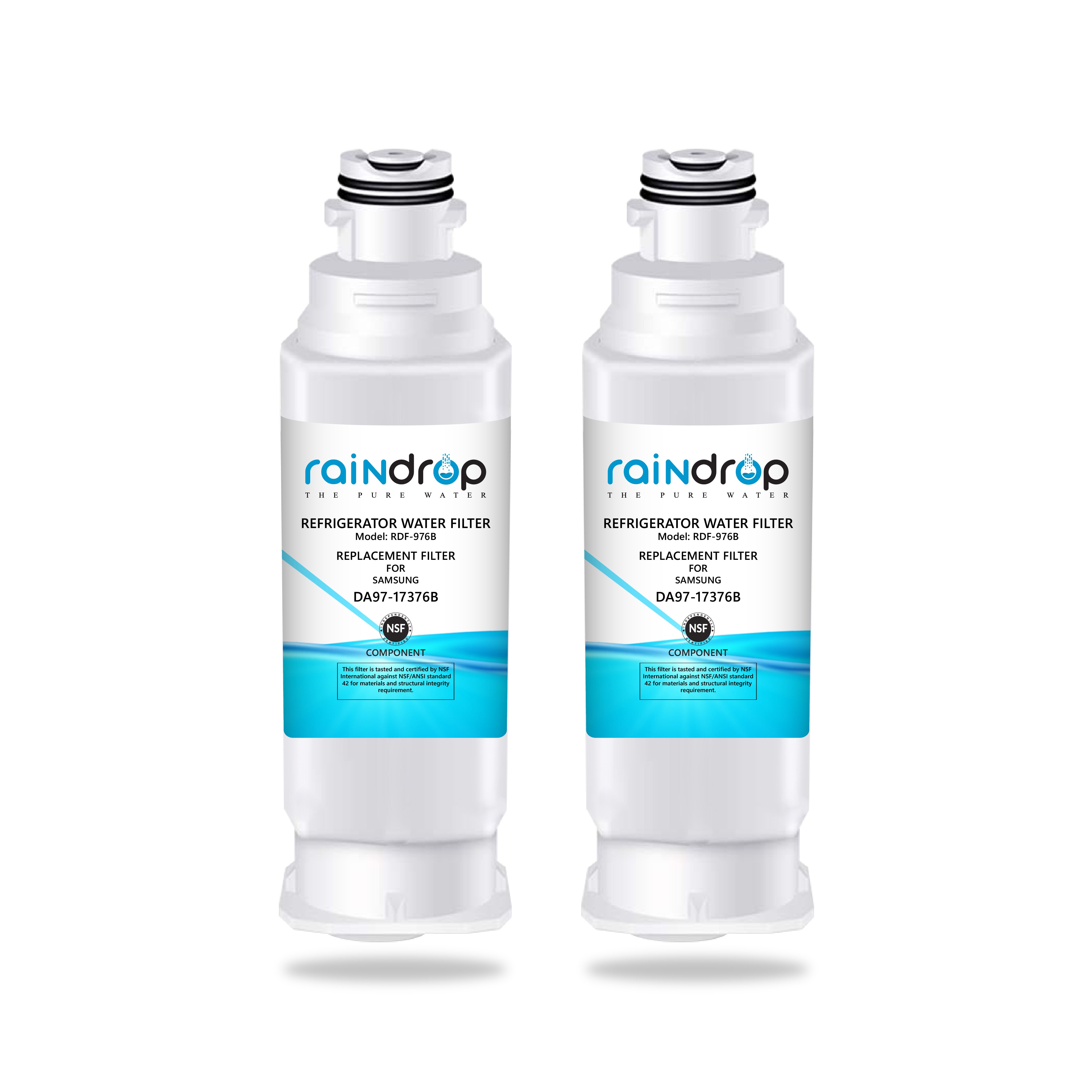 Raindrop RDF-976B water filter shown with retail packaging, compatible replacement for Samsung DA97-17376B refrigerators.